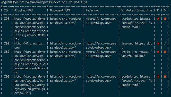 Terminal output of the wp mcd list command showing example violation rows with their blocked URIs, directives, and resolved and secure flags