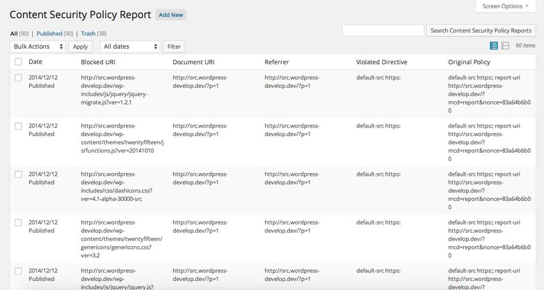 Content Security Policy Reports admin screen listing logged violations with columns for date, blocked URI, document URI, referrer, and violated directive