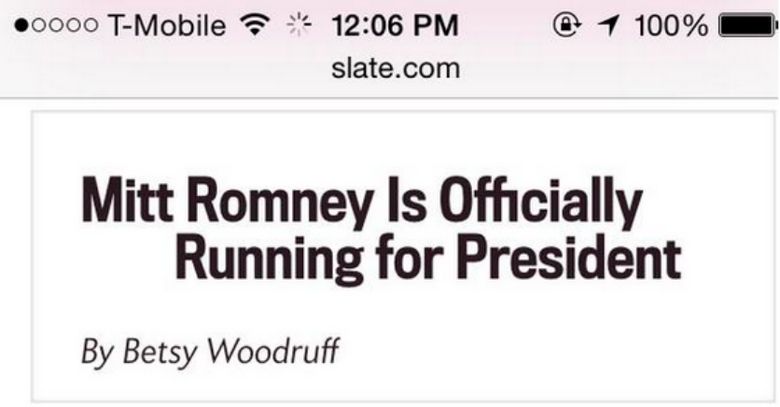 Slate headline during the web font load, reading "Mitt Romney Is Officially Running for President" with the italic word not still missing