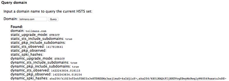 Chrome net-internals query for tollmanz.com, showing its stored HSTS and HPKP data including upgrade mode, include-subdomains flags, and SPKI hashes